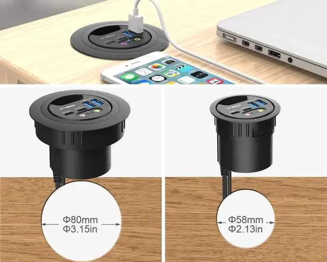 Alt view image 6 of 7 - In Desk USB 3.0 Hub THC06-VI, Built-in Desktop Grommet Hub with 2 USB-A, 2 USB-C, 3.5mm Audio Jack & Charging Port, Fits 60mm/80mm Cable Hole, Desktop Cable Organizer for Headset, Mic and Devices