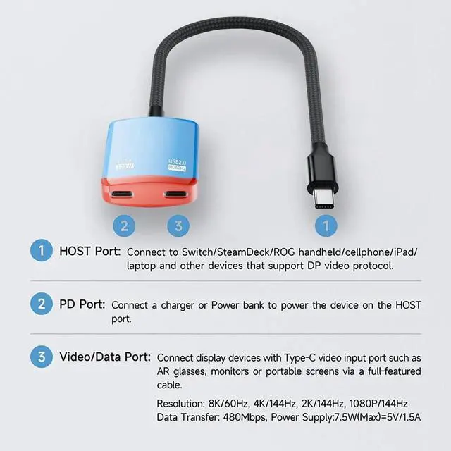 Alt view image 3 of 5 - USB-C to USB-C AR Glasses Hub Adapter, Support 8K@60Hz Video Output & PD Fast Charging, Multiport Adapter for AR Glasses, Portable Monitor, Steam Deck, Switch, iPad and Phones