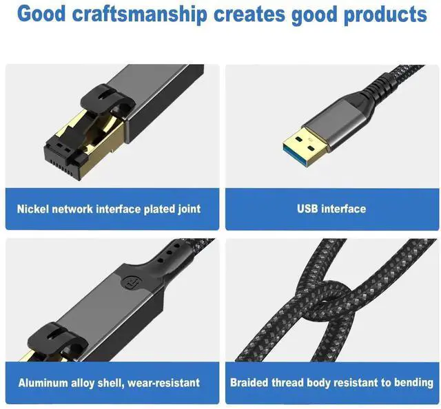 Alt view image 2 of 6 - 1m USB 3.0 to Gigabit Ethernet Adapter, 1000Mbps Nylon Braided Network Dongle with Aluminum Alloy Housing, Compatible with Laptop, PC, Tablet and Smartphone