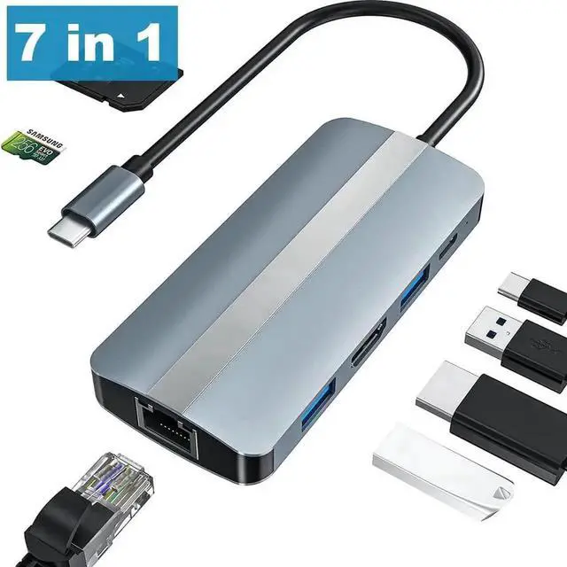 Main image of 7-in-1 USB C Docking Station Multiport Hub with 4K@30Hz HDMI, 100Mbps RJ45 Ethernet, 100W PD Charging, 2 USB-A Ports & SD/TF Card Reader, Compatible with MacBook Pro/Air M1, Surface Pro and Type-C Lap