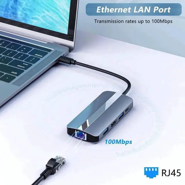 Alt view image 2 of 7 - 7-in-1 USB C Docking Station Multiport Hub with 4K@30Hz HDMI, 100Mbps RJ45 Ethernet, 100W PD Charging, 2 USB-A Ports & SD/TF Card Reader, Compatible with MacBook Pro/Air M1, Surface Pro and Type-C Lap