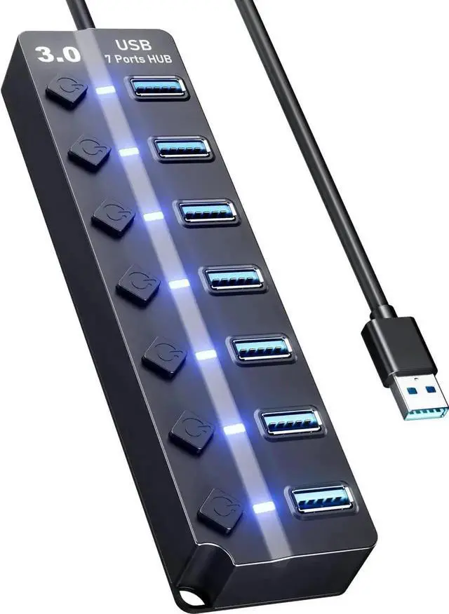 Main image of Eanetf 7 Port USB 3.0 Hub with LED Individual On/Off Switches, High Speed USB Splitter with Long Extension Cable, Multi-Port USB Hub Compatible for MacBook, Mac Pro, Mac Mini, iMac, Surface Pro, XPS