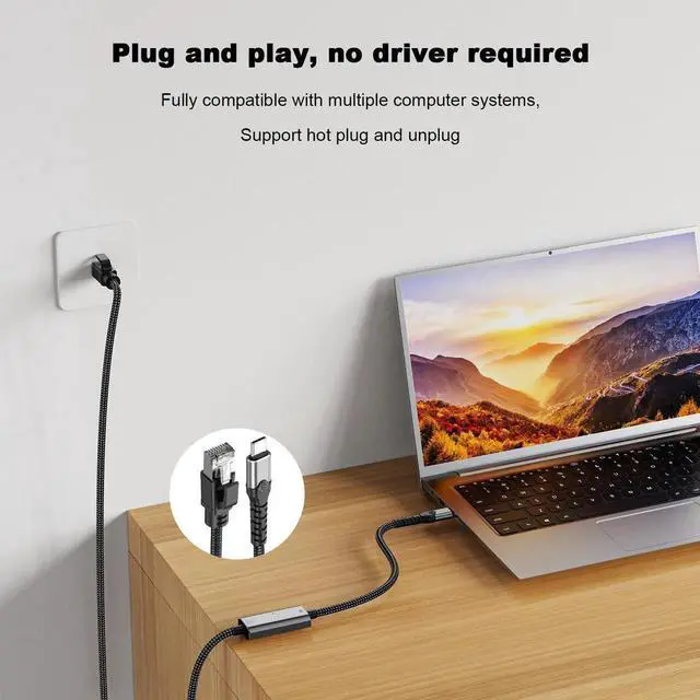 Alt view image 6 of 7 - USB-C to Gigabit Ethernet Adapter Cable 1000Mbps, 1.2M Length, Aluminum Alloy Shell, Nylon Braided Cord, Type-C to RJ45 LAN Network Adapter for Laptop, PC, Tablet, Smartphone Stable Wired Network Conn