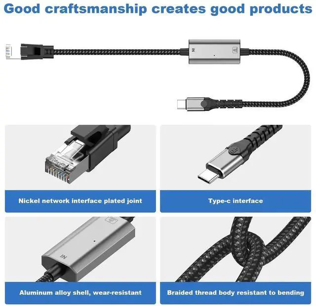 Alt view image 3 of 7 - USB-C to Gigabit Ethernet Adapter Cable 1000Mbps, 1.2M Length, Aluminum Alloy Shell, Nylon Braided Cord, Type-C to RJ45 LAN Network Adapter for Laptop, PC, Tablet, Smartphone Stable Wired Network Conn