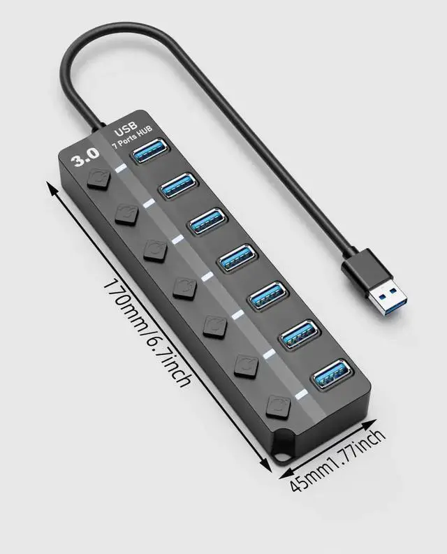 Alt view image 2 of 7 - Eanetf 7 Port USB 3.0 Hub with LED Individual On/Off Switches, High Speed USB Splitter with Long Extension Cable, Multi-Port USB Hub Compatible for MacBook, Mac Pro, Mac Mini, iMac, Surface Pro, XPS
