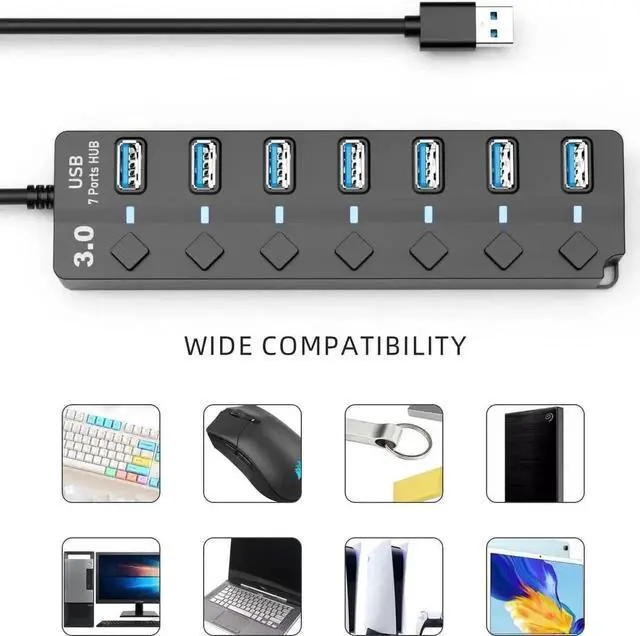 Alt view image 5 of 7 - Eanetf 7 Port USB 3.0 Hub with LED Individual On/Off Switches, High Speed USB Splitter with Long Extension Cable, Multi-Port USB Hub Compatible for MacBook, Mac Pro, Mac Mini, iMac, Surface Pro, XPS