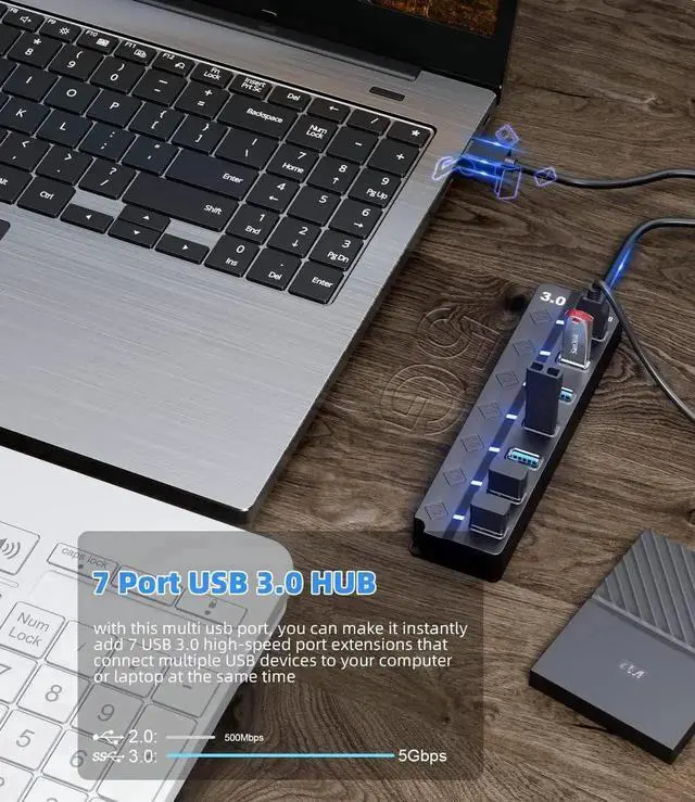 Alt view image 6 of 7 - Eanetf 7 Port USB 3.0 Hub with LED Individual On/Off Switches, High Speed USB Splitter with Long Extension Cable, Multi-Port USB Hub Compatible for MacBook, Mac Pro, Mac Mini, iMac, Surface Pro, XPS