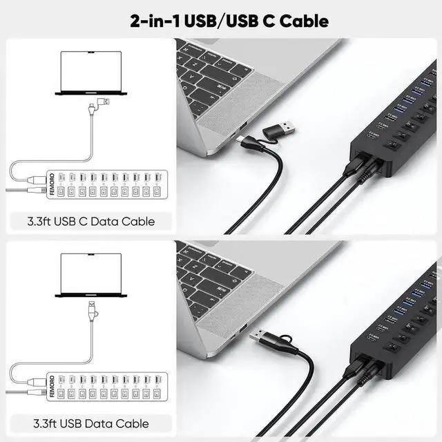 Alt view image 2 of 7 - 11-Port Powered USB 3.2 Hub with 12V Power Adapter, 3×USB3.2 Gen2 10Gbps + 4×USB3.0 5Gbps + 4×Charging Ports, Individual On/Off Switches Type-C Multiport Expander for Laptop, PC, Smartphone and Extern