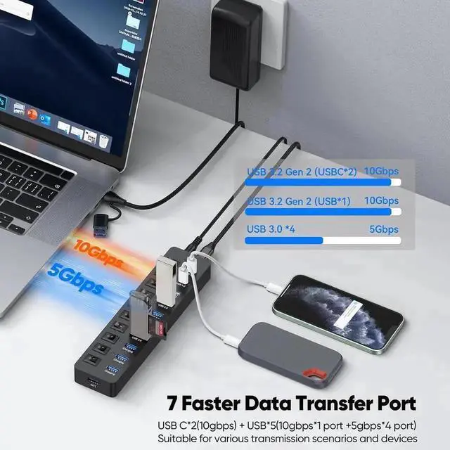 Alt view image 3 of 7 - 11-Port Powered USB 3.2 Hub with 12V Power Adapter, 3×USB3.2 Gen2 10Gbps + 4×USB3.0 5Gbps + 4×Charging Ports, Individual On/Off Switches Type-C Multiport Expander for Laptop, PC, Smartphone and Extern