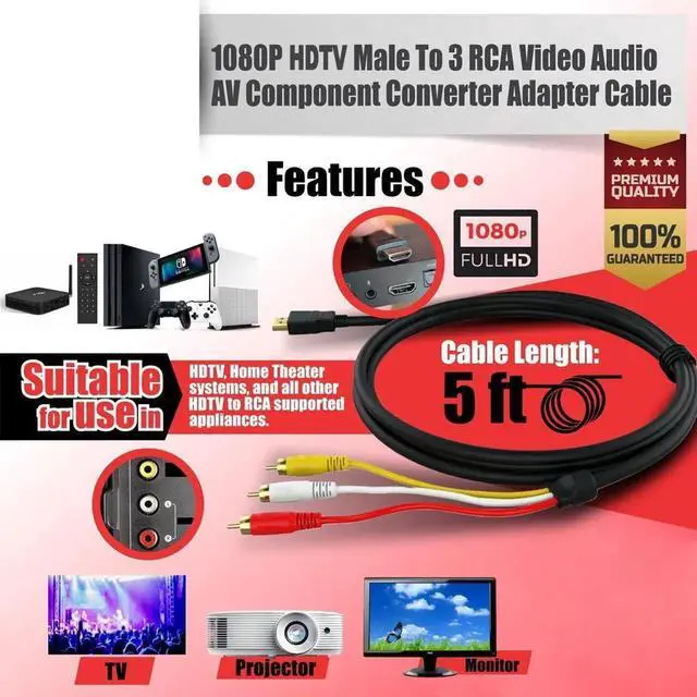 Alt view image 4 of 5 - 1.5m (5FT) HDMI to 3RCA Composite AV Cable, Gold-Plated Connectors, HDMI to RCA Audio Video Cord for DVD Players, Set-Top Boxes and Media Players Connecting to TV (Requires Source Device with Built-in
