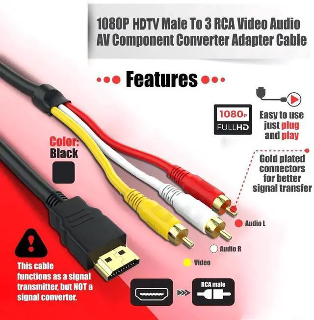 Alt view image 3 of 5 - 1.5m (5FT) HDMI to 3RCA Composite AV Cable, Gold-Plated Connectors, HDMI to RCA Audio Video Cord for DVD Players, Set-Top Boxes and Media Players Connecting to TV (Requires Source Device with Built-in
