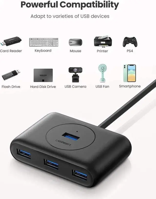 Alt view image 6 of 7 - UGREEN 4 Port USB 3.0 Data Hub with 3ft Portable Extension Cable, 5Gbps High Speed USB Splitter, Plug & Play, Black, Compatible with MacBook Air, Mac Mini, iMac Pro, Microsoft Surface and Ultrabooks