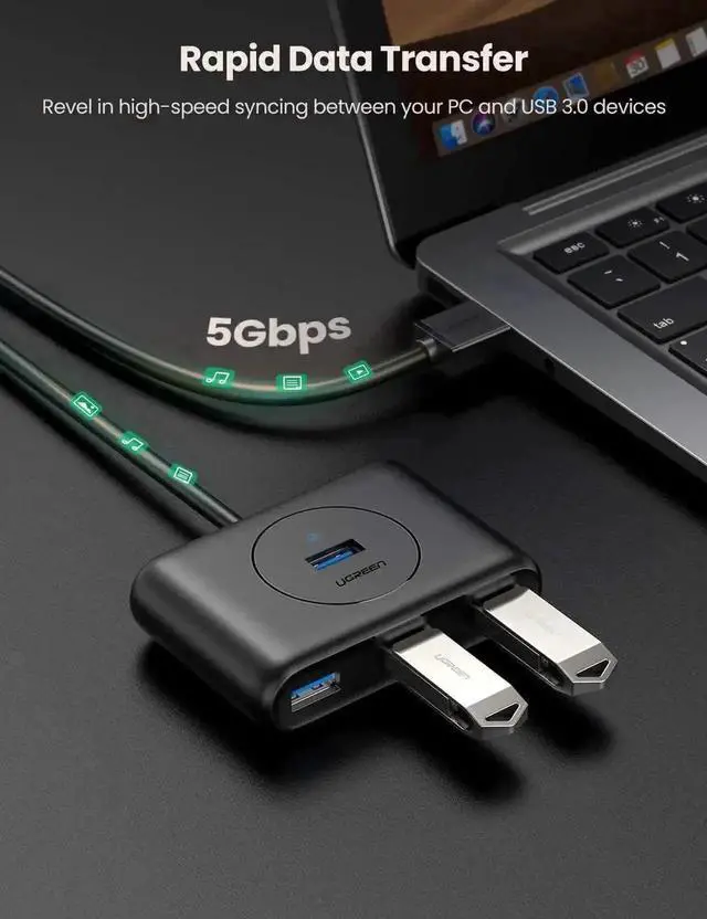 Alt view image 2 of 7 - UGREEN 4 Port USB 3.0 Data Hub with 3ft Portable Extension Cable, 5Gbps High Speed USB Splitter, Plug & Play, Black, Compatible with MacBook Air, Mac Mini, iMac Pro, Microsoft Surface and Ultrabooks