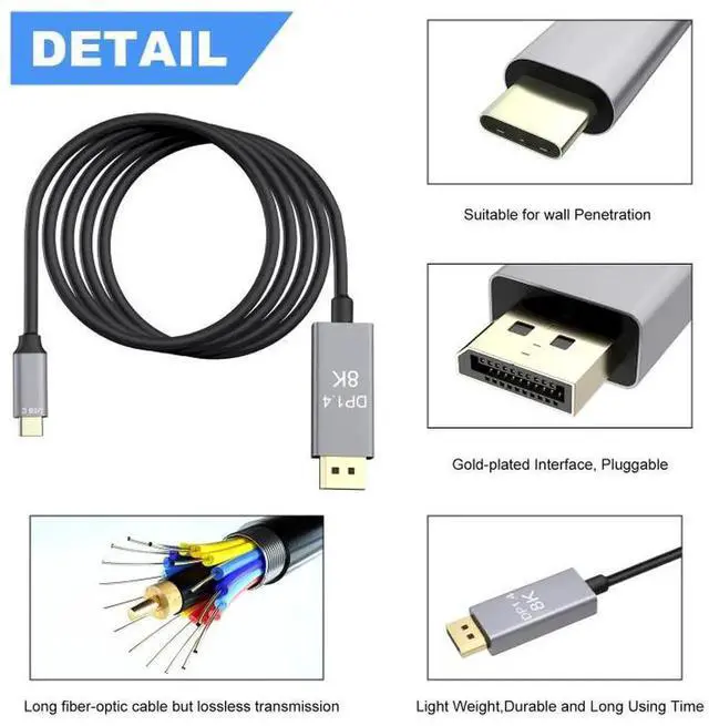 Alt view image 4 of 4 - Fiber Optic USB-C to DisplayPort Cable with PD Charging, Supports 8K@60Hz Video, Gold-Plated Connectors, Type-C DP Video Charging Cord Compatible with Laptops, MacBook, Gaming Monitors and Projectors