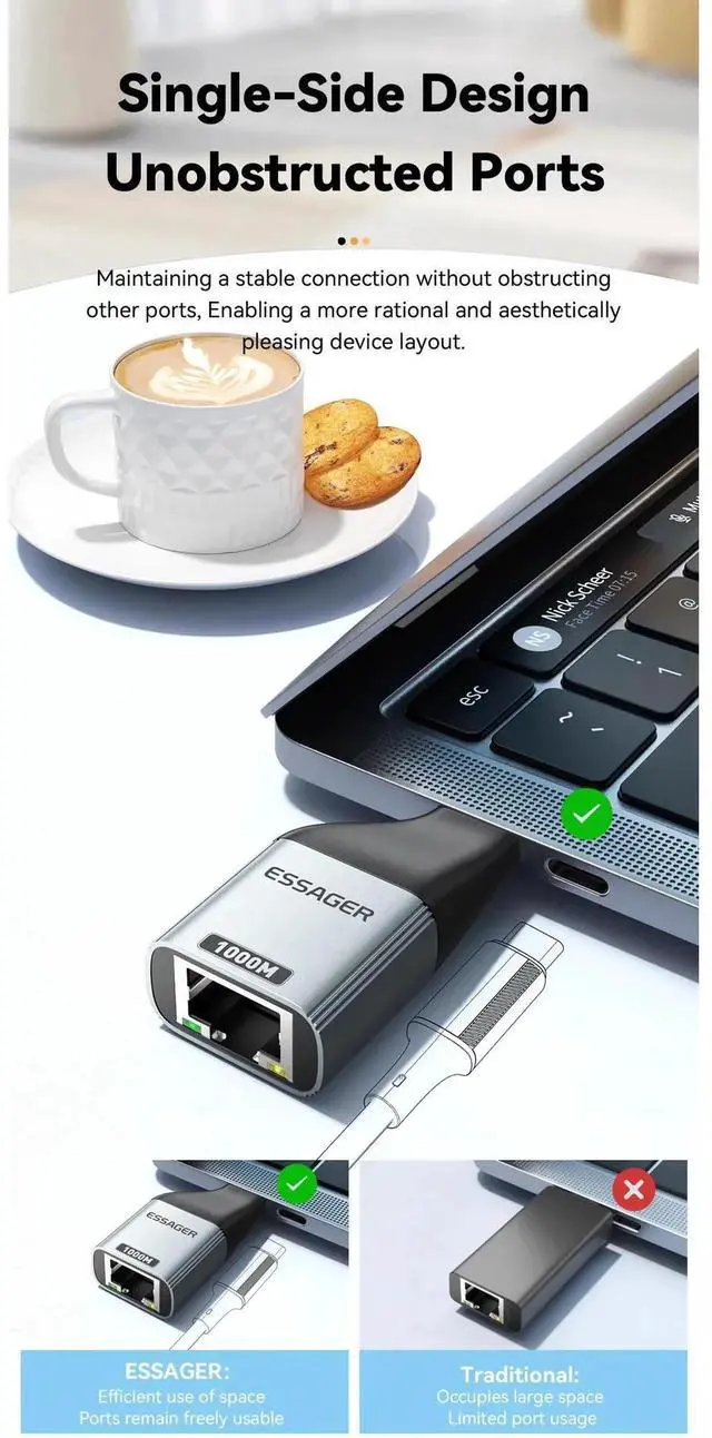 Alt view image 3 of 7 - Essager Type-C to Gigabit Ethernet Adapter, 1000Mbps Driver-Free Plug and Play, Stable Wired Network for Work and Entertainment