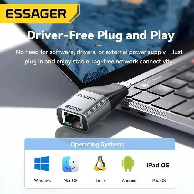 Alt view image 6 of 7 - Essager Type-C to Gigabit Ethernet Adapter, 1000Mbps Driver-Free Plug and Play, Stable Wired Network for Work and Entertainment