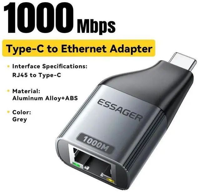 Alt view image 7 of 7 - Essager Type-C to Gigabit Ethernet Adapter, 1000Mbps Driver-Free Plug and Play, Stable Wired Network for Work and Entertainment