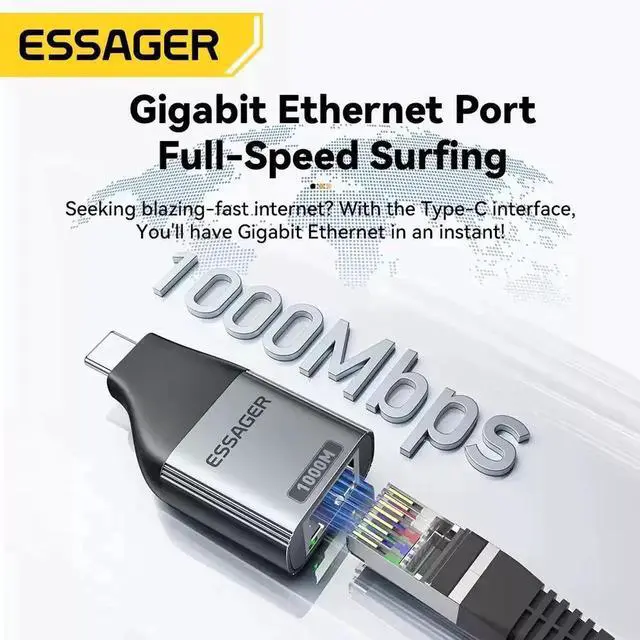 Alt view image 2 of 7 - Essager Type-C to Gigabit Ethernet Adapter, 1000Mbps Driver-Free Plug and Play, Stable Wired Network for Work and Entertainment