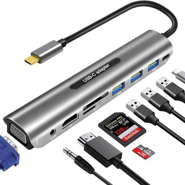 Main image of 9 in 1 Multiport USB C Hub, USB-C Dongle with 4K HDMI, VGA, USB 3.0, PD Charging, 3.5mm Audio, TF Card Reader, Portable Docking Station for MacBook