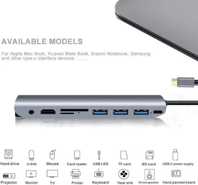 Alt view image 2 of 7 - 9 in 1 Multiport USB C Hub, USB-C Dongle with 4K HDMI, VGA, USB 3.0, PD Charging, 3.5mm Audio, TF Card Reader, Portable Docking Station for MacBook