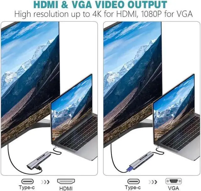 Alt view image 6 of 7 - 9 in 1 Multiport USB C Hub, USB-C Dongle with 4K HDMI, VGA, USB 3.0, PD Charging, 3.5mm Audio, TF Card Reader, Portable Docking Station for MacBook
