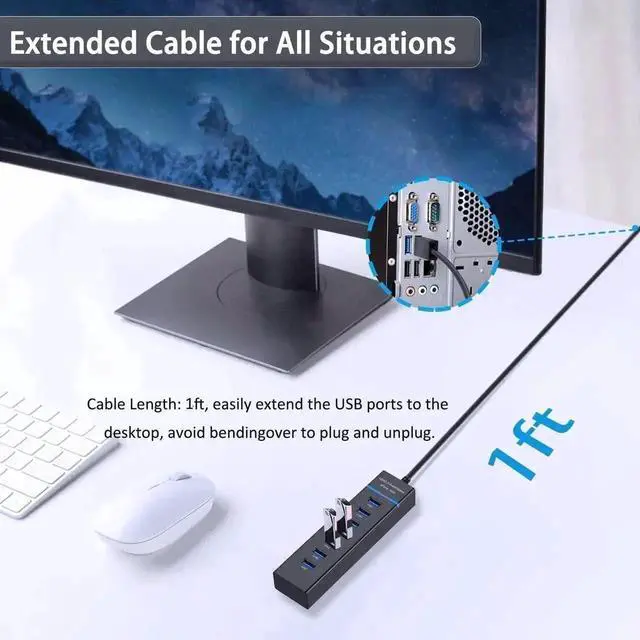Alt view image 4 of 7 - 7-Port USB 3.0 Data Hub Splitter, 1FT Short Cable Multiport USB Expander for Laptop, PC, MacBook, iMac, Surface Pro