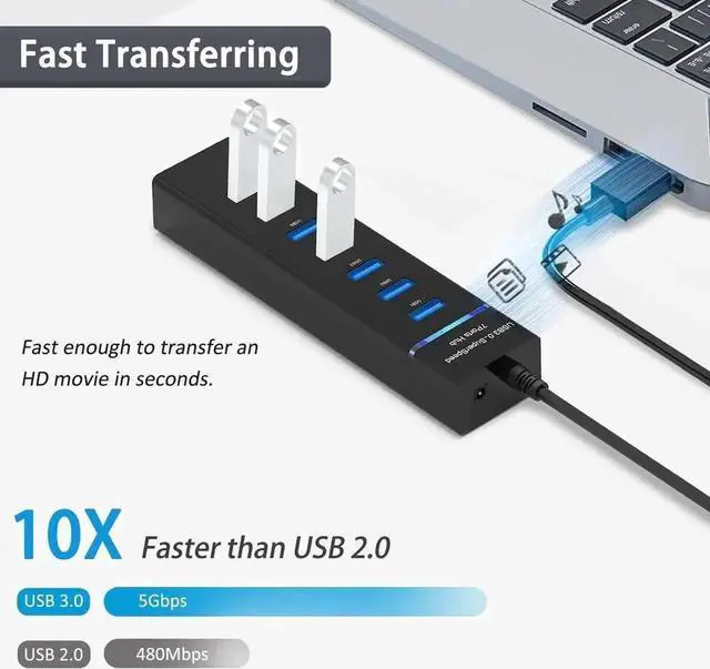 Alt view image 7 of 7 - 7-Port USB 3.0 Data Hub Splitter, 1FT Short Cable Multiport USB Expander for Laptop, PC, MacBook, iMac, Surface Pro