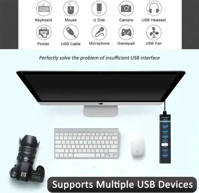 Alt view image 3 of 7 - 7-Port USB 3.0 Data Hub Splitter, 1FT Short Cable Multiport USB Expander for Laptop, PC, MacBook, iMac, Surface Pro