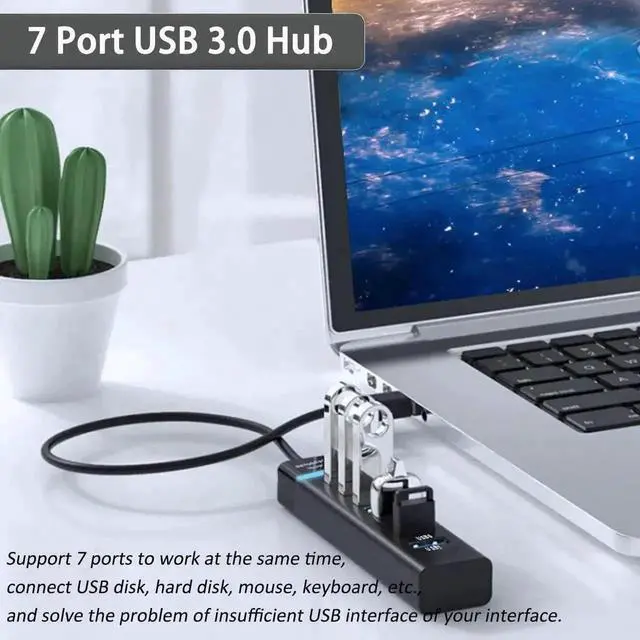 Alt view image 2 of 7 - 7-Port USB 3.0 Data Hub Splitter, 1FT Short Cable Multiport USB Expander for Laptop, PC, MacBook, iMac, Surface Pro