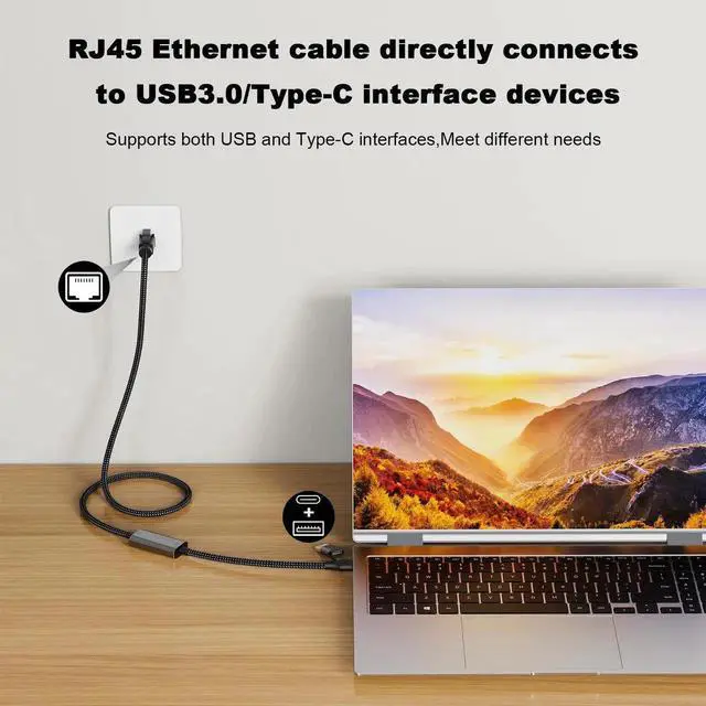 Alt view image 7 of 7 - 2-in-1 USB 3.0 & USB-C to Gigabit Ethernet Adapter, 1000Mbps, 1.2m Braided Cable, Aluminum Alloy Housing, Wired Network Dongle for Laptop PC Tablet Smartphone