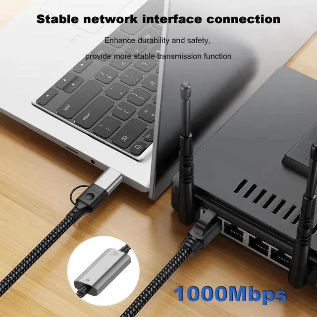 Alt view image 4 of 7 - 2-in-1 USB 3.0 & USB-C to Gigabit Ethernet Adapter, 1000Mbps, 1.2m Braided Cable, Aluminum Alloy Housing, Wired Network Dongle for Laptop PC Tablet Smartphone