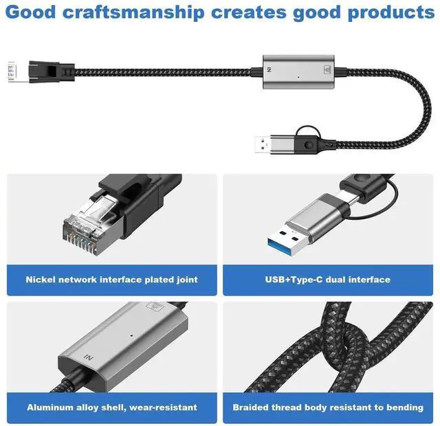 Alt view image 6 of 7 - 2-in-1 USB 3.0 & USB-C to Gigabit Ethernet Adapter, 1000Mbps, 1.2m Braided Cable, Aluminum Alloy Housing, Wired Network Dongle for Laptop PC Tablet Smartphone