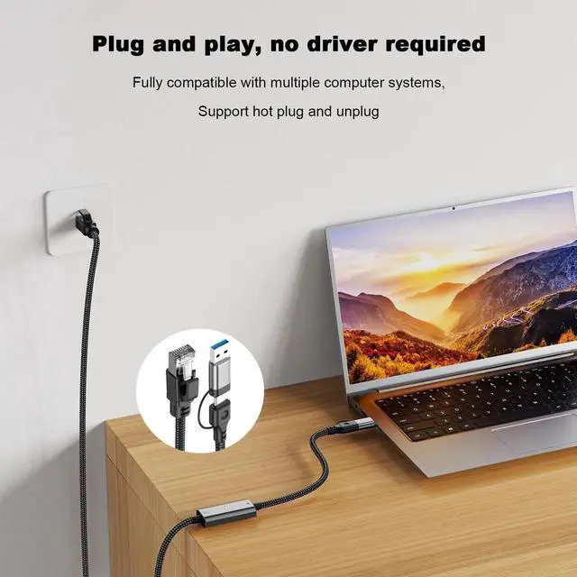 Alt view image 2 of 7 - 2-in-1 USB 3.0 & USB-C to Gigabit Ethernet Adapter, 1000Mbps, 1.2m Braided Cable, Aluminum Alloy Housing, Wired Network Dongle for Laptop PC Tablet Smartphone