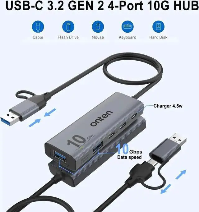 Alt view image 3 of 7 - 10Gbps USB C Hub, USB 3.2 Gen 2 Splitter with 2 USB-A + 2 USB-C Ports, Data Transfer Only, Not Support Charging & Video Output