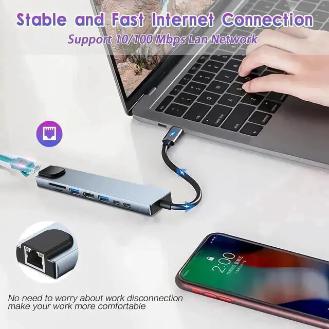 Alt view image 2 of 7 - 8 in 1 USB C Docking Station, Multiport USB C Hub with 4K HDMI, 100W PD Charging, USB-C, USB 3.0, Gigabit RJ45 Ethernet, SD & TF Card Reader, Adapter for MacBook Pro/Air and USB-C Laptops