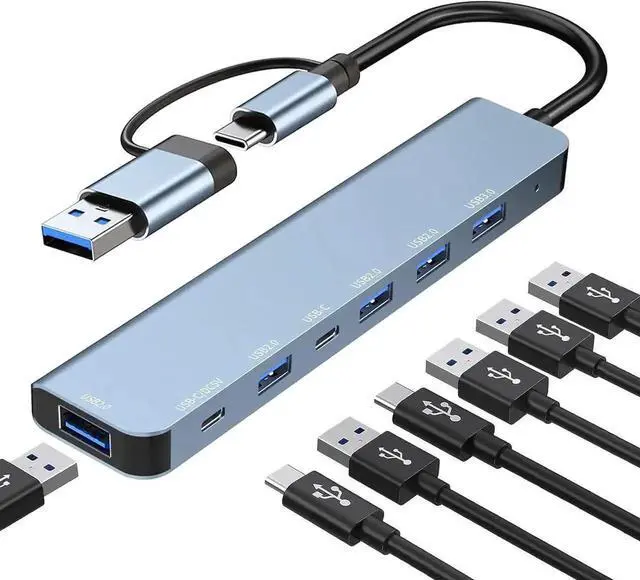 Main image of 7 in 1 USB C Multiport Hub, USB-C Dongle with 5 USB-A Ports, USB-C Data Port & 60W PD Pass-Through Charging, Adapter for MacBook Pro/Air, HP XPS and USB-C Devices