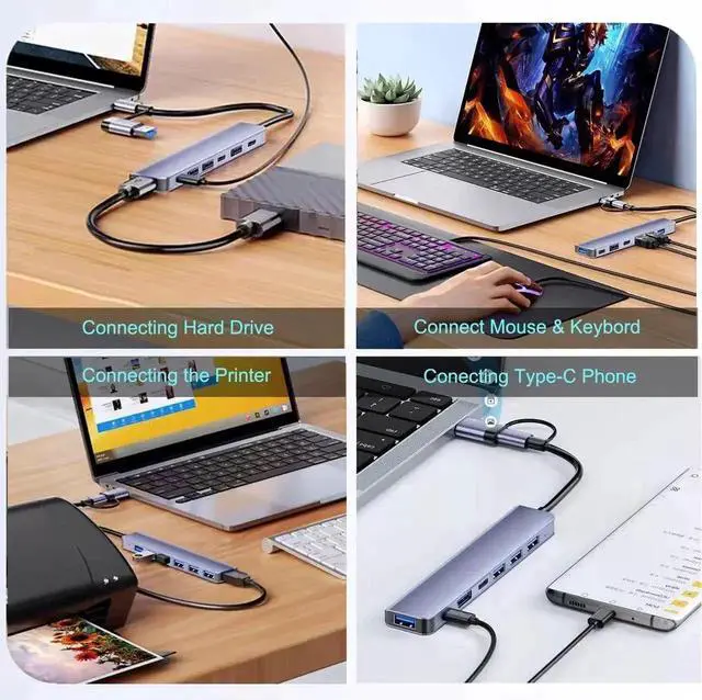 Alt view image 4 of 7 - 7 in 1 USB C Multiport Hub, USB-C Dongle with 5 USB-A Ports, USB-C Data Port & 60W PD Pass-Through Charging, Adapter for MacBook Pro/Air, HP XPS and USB-C Devices