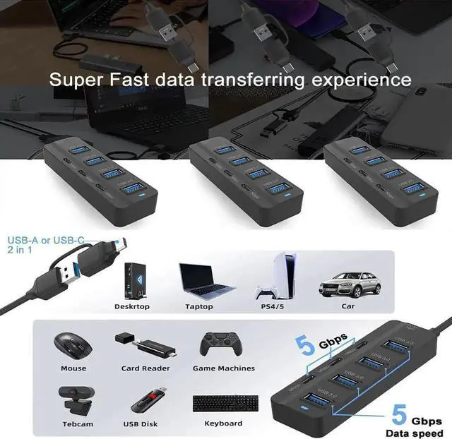 Alt view image 6 of 6 - 7 Ports USB C Hub, 5Gbps USB 3.0 Multiport Splitter with 3 USB-C + 4 USB-A Ports, Compatible with Thunderbolt 3/4, MacBook, iMac, Surface Pro and USB-C Devices