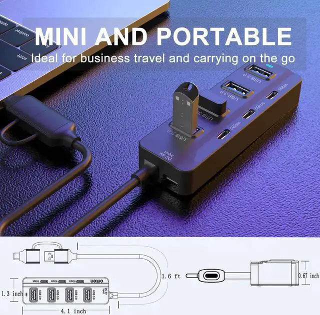 Alt view image 2 of 6 - 7 Ports USB C Hub, 5Gbps USB 3.0 Multiport Splitter with 3 USB-C + 4 USB-A Ports, Compatible with Thunderbolt 3/4, MacBook, iMac, Surface Pro and USB-C Devices