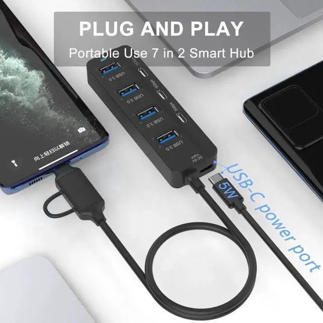 Alt view image 3 of 6 - 7 Ports USB C Hub, 5Gbps USB 3.0 Multiport Splitter with 3 USB-C + 4 USB-A Ports, Compatible with Thunderbolt 3/4, MacBook, iMac, Surface Pro and USB-C Devices