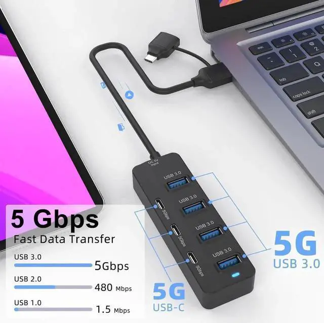 Alt view image 4 of 6 - 7 Ports USB C Hub, 5Gbps USB 3.0 Multiport Splitter with 3 USB-C + 4 USB-A Ports, Compatible with Thunderbolt 3/4, MacBook, iMac, Surface Pro and USB-C Devices