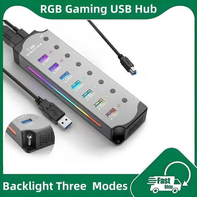 Main image of 7-Port USB 3.0 RGB Aluminum Gaming Hub, 14 Color LED Light Strip, Independent On/Off Switches, 5Gbps High Speed USB Splitter, Plug & Play USB Extension Hub for MacBook, HP, Dell, Lenovo, ASUS Laptops