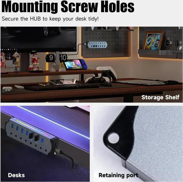 Alt view image 6 of 7 - 7-Port USB 3.0 RGB Aluminum Gaming Hub, 14 Color LED Light Strip, Independent On/Off Switches, 5Gbps High Speed USB Splitter, Plug & Play USB Extension Hub for MacBook, HP, Dell, Lenovo, ASUS Laptops