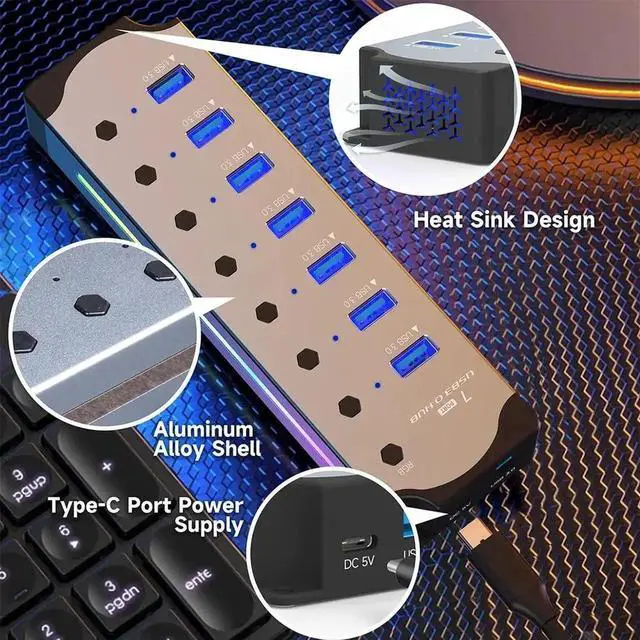 Alt view image 5 of 7 - 7-Port USB 3.0 RGB Aluminum Gaming Hub, 14 Color LED Light Strip, Independent On/Off Switches, 5Gbps High Speed USB Splitter, Plug & Play USB Extension Hub for MacBook, HP, Dell, Lenovo, ASUS Laptops
