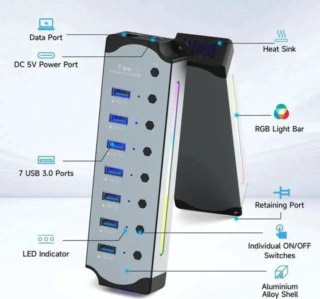 Alt view image 7 of 7 - 7-Port USB 3.0 RGB Aluminum Gaming Hub, 14 Color LED Light Strip, Independent On/Off Switches, 5Gbps High Speed USB Splitter, Plug & Play USB Extension Hub for MacBook, HP, Dell, Lenovo, ASUS Laptops
