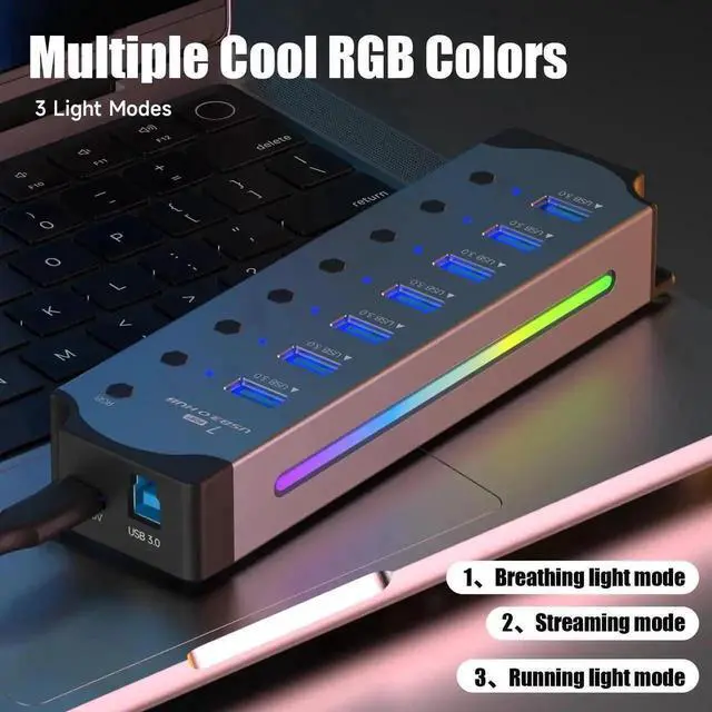 Alt view image 2 of 7 - 7-Port USB 3.0 RGB Aluminum Gaming Hub, 14 Color LED Light Strip, Independent On/Off Switches, 5Gbps High Speed USB Splitter, Plug & Play USB Extension Hub for MacBook, HP, Dell, Lenovo, ASUS Laptops
