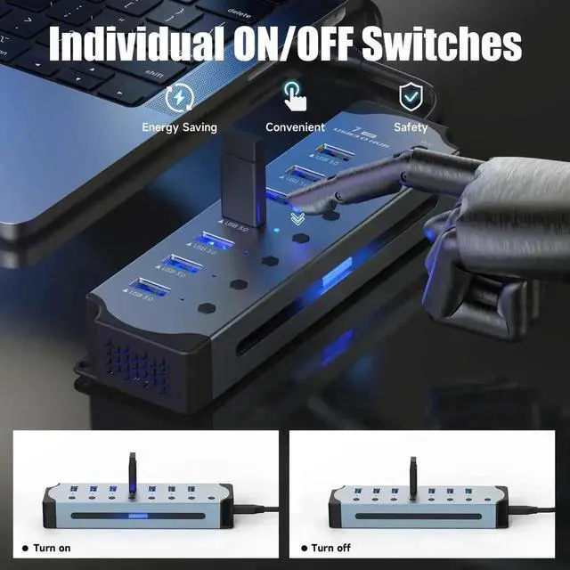 Alt view image 4 of 7 - 7-Port USB 3.0 RGB Aluminum Gaming Hub, 14 Color LED Light Strip, Independent On/Off Switches, 5Gbps High Speed USB Splitter, Plug & Play USB Extension Hub for MacBook, HP, Dell, Lenovo, ASUS Laptops
