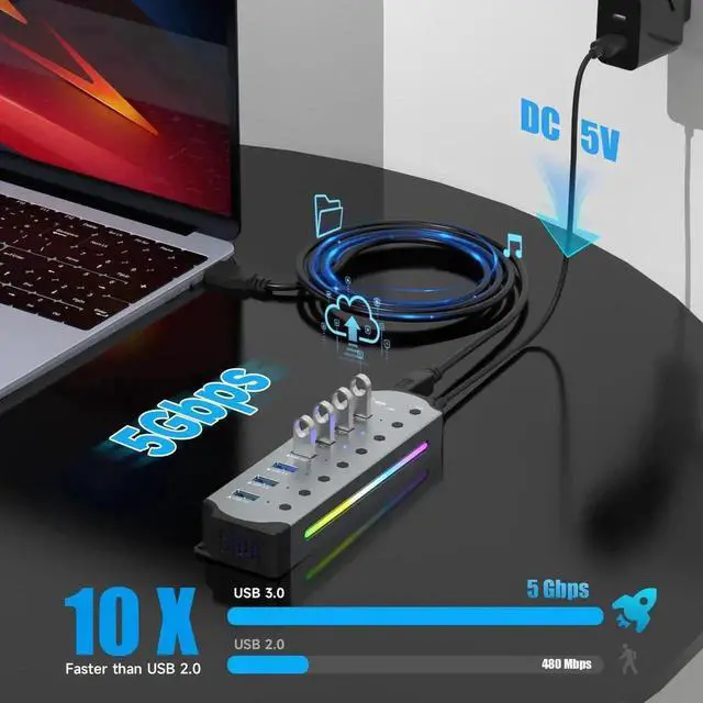 Alt view image 3 of 7 - 7-Port USB 3.0 RGB Aluminum Gaming Hub, 14 Color LED Light Strip, Independent On/Off Switches, 5Gbps High Speed USB Splitter, Plug & Play USB Extension Hub for MacBook, HP, Dell, Lenovo, ASUS Laptops