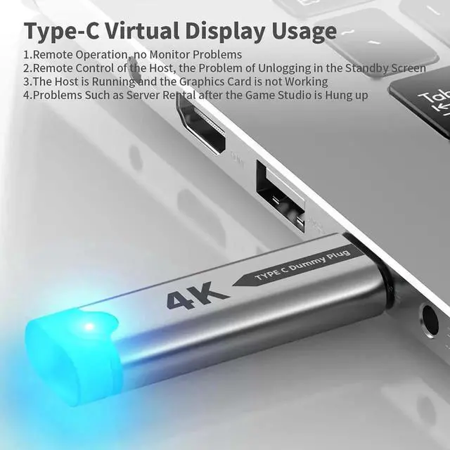 Alt view image 2 of 6 - USB Type-C Virtual Display Adapter 4K@60Hz, EDID Emulator Headless Ghost Display Dongle, Plug & Play Virtual Monitor for Remote Desktop, GPU Mining, Game Hosting and Server Management