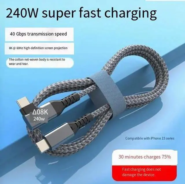 Alt view image 2 of 4 - Right Angle USB4 Braided Type-C Cable, 240W PD Fast Charging, 40Gbps High Speed Data Transfer, Compatible with Thunderbolt 3, for MacBook, iPad Pro, Laptops and Smartphones